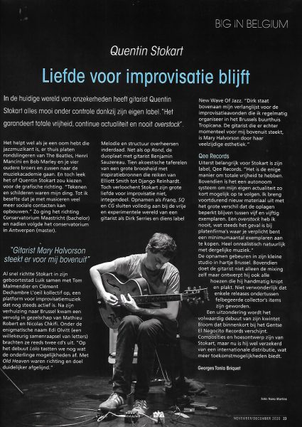 Quentin Stokart article @ Jazzism, november/december 2020